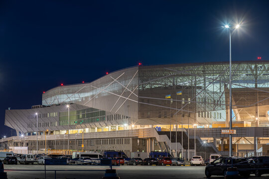 LVIV, UKRAINE - September 20, 2020: Football Stadium At Night Arena Lviv