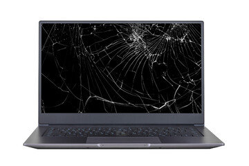 laptop with a broken, cracked screen isolated on white background close up front view - 381956676