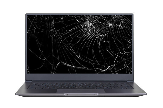Laptop With A Broken, Cracked Screen Isolated On White Background Close Up Front View
