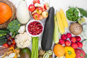 Composition with assortment of organic vegetables and fruit