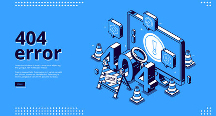 404 error isometric landing banner, website maintenance, page not found concept with traffic cones and sign under construction. lost internet connection warning message, 3d vector line art background