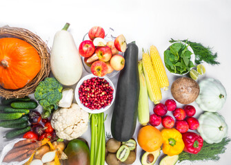 Composition with assortment of organic vegetables and fruit