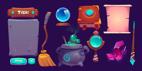 Magic game interface cartoon elements set. Crystal gem and globe, witch broomstick, cauldron, ancient empty scroll, spell book, stone and wooden panel for title, menu or buttons, Vector illustration © klyaksun