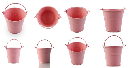 Pink bucket isolated on white background. Decorative small bucket, empty. Top and side view. © Tigran Gasparyan