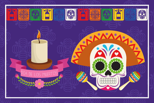 dia de los muertos celebration poster with skull head and candle