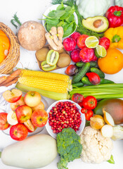 Composition with assortment of organic vegetables and fruit