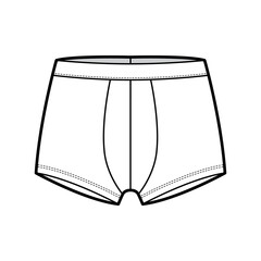 Trunks underwear technical fashion illustration with elastic waistband, Athletic-skin-tight. Flat short-leg boxer briefs Underpants lingerie template front white color. Women men unisex CAD mockup
