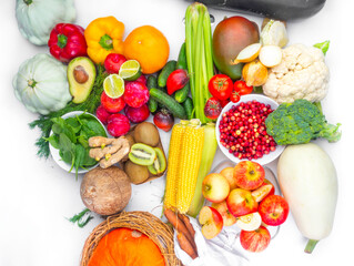 Composition with assortment of organic vegetables and fruit