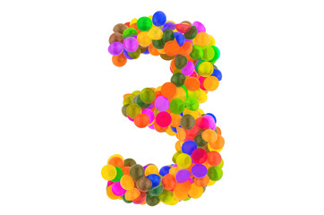 Number 3 from colored marmalade candies. 3D rendering