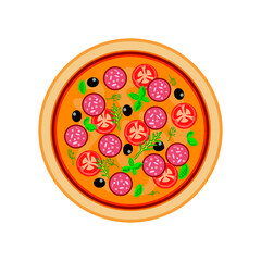 Image of pizza. Delicious pizza icon with sausage, tomatoes, olives. Italian cuisine.
