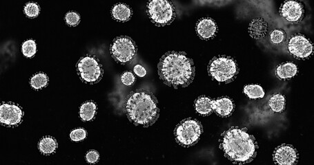 Microscopic COVID-19 Coronavirus Molecules Black and White - nCOV Influenza Virus Pathogen Under Macro Medical Lab Microscope - Testing, threat, Awareness Concept - 3D Rendering