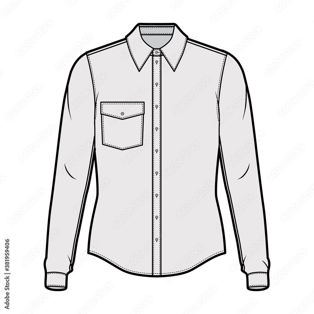 Wall mural Classic shirt technical fashion illustration with long sleeves with cuff, front button-fastening, point collar, angled flap pocket. Flat template front grey color. Women men unisex top CAD mockup - Wall murals