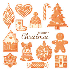 Collection of Christmas gingerbread cookies isolated on white background.  Design for Christmas and New Year card, poster, banner, postcard, print. Vector illustration.