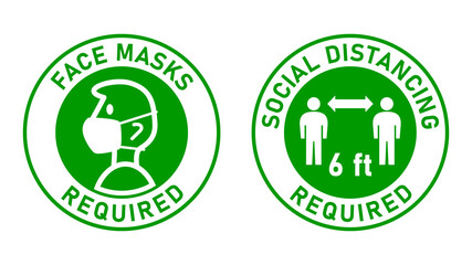 Face Masks Required and Social Distancing Required 6 ft or 6 Feet Round Adhesive Sticker or Badge Icons against the Spread of Coronavirus Covid-19. Vector Image.