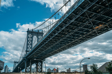 Suspension bridge over river in city