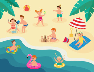 Cartoon kids playing in summer beach sand, swimming in water