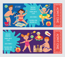 Tickets for children aqua park and beach playground flat vector illustration.