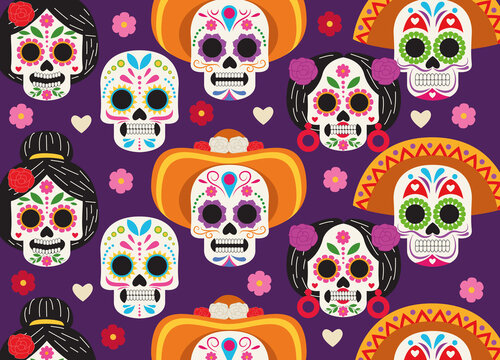 dia de los muertos celebration poster with skulls heads group pattern