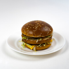 Burger on a white plate on a white background.