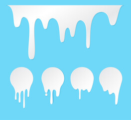 Melt drip stickers or circle milk labels. Vector liquid drops icons for graffiti blob stickers. White liquid or melted chocolate drips, milk, current paint.