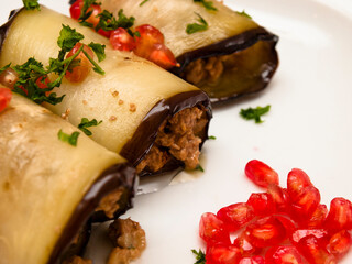 Georgian eggplant rolls with walnuts and pomegranate