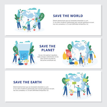 Set of banners with ecologists taking care of earth a vector flat illustration