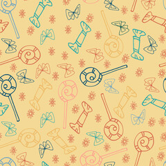 Vector seamless design colorful pattern of lined ornamental sweets and lollipops