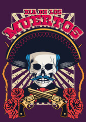 dia de los muertos poster with mariachi skull and guns crossed