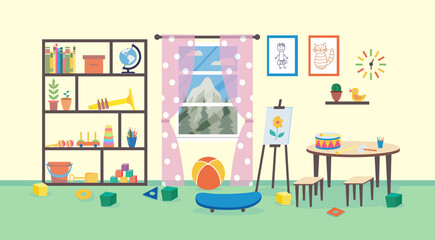 Elementary school class or study room of kindergarten vector cartoon illustration