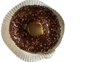 Close up view of chocolate donut isolated on white background. Food and drink concept.
