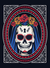 dia de los muertos celebration with woman skull and roses in square frame