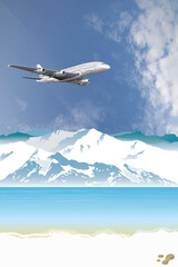 Fototapeta na wymiar Picturesque arctic landscape with ocean and mountains with passenger plane flying over mountains set against a blue cloudy daytime sky