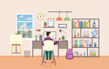 Vector flat illustration of workplace in study room with student or schoolchild