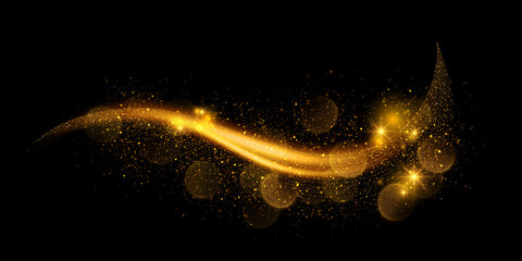 Vector magic light effect. Golden sparkles, glowing bokeh lights. Sparkling glitter wave on black. Abstract luxury background.