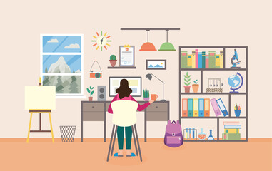 Woman studying and working from home workplace, flat cartoon vector illustration