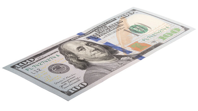 100 dollar bill on white isolated background. Super macro photo panorama. Money United States of America.