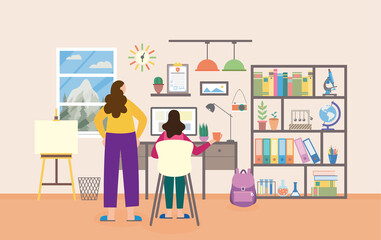 Vector flat illustration of schoolgirl studying in home study room