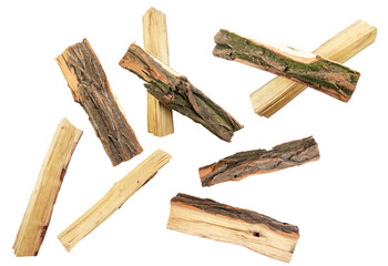 Firewood fly on a white isolated background. Levitating firewood