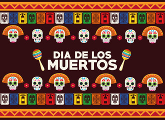 dia de los muertos celebration poster with skulls heads group and maracas
