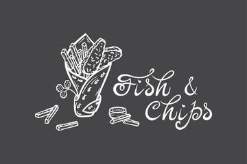 Fish and Chips in Paper Cornet. Traditional British Fast Food. Hand Drawn Sketch Fried Cod Fish and Potato Fries. Seafood and Vegetables. Street Food Menu or Label Design. Vector illustration