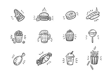 Vector Fast Food Icons Set. Hand Drawn Doodle Unhealthy Street Food Collection.