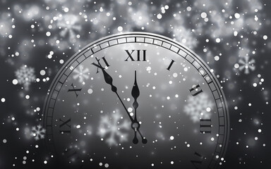 Naklejka na ściany i meble New Year poster with clock and Christmas snow. Falling snowflakes on dark background. Snowfall. Vector illustration