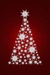 Beautiful Christmas tree made of white snowflakes on a red background.