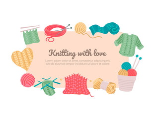 Handmade kit set with text frame. Tools for knitting. Vector illustration