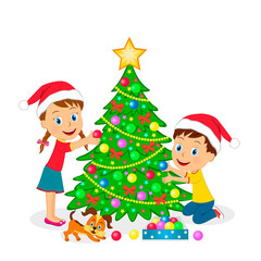 Obraz na płótnie Canvas kids,boy and girl decorate Christmas tree on the white dackground, illustration,vector
