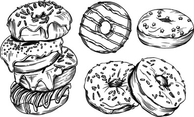 Vector graphics. Illustrations in the style of linear drawing. Black and white graphics. Croissants, various pastries, cakes, bagels, cupcakes, bagels, cookies. Images for menus and banners.