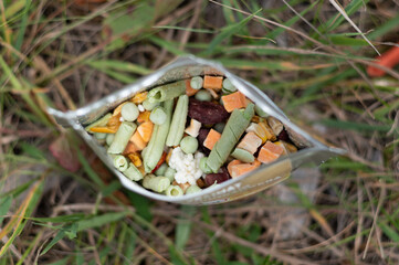A set of freeze-dried food in a bag. Tourist freeze-dried food.