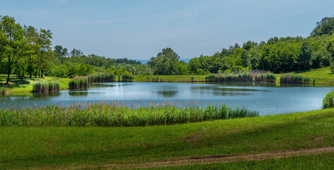 Panorama of Ljeskove vode lake. Green forest and blue sky in the background. Picnic area near Slavonski Brod, Croatia.