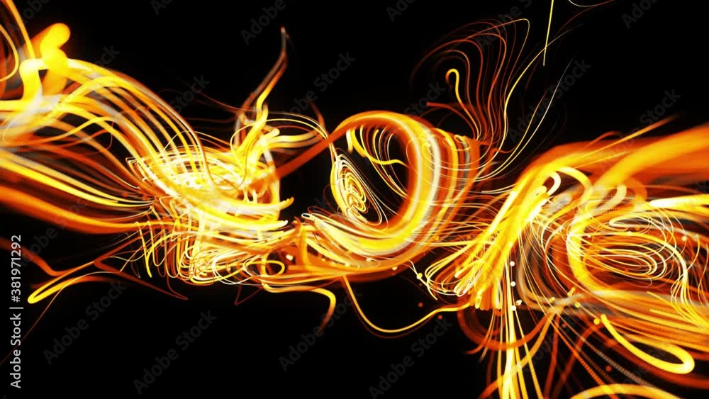 Poster flow of particles forms curled yellow lines like glow light trails, lines form swirling pattern like