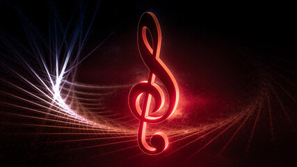 Close up of red shining Violin Key on starry abstract background. Music Theme. 3D rendering.